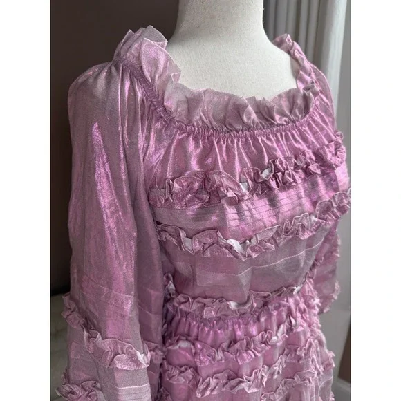 Cynthia Rowley Silk Foil Ruffle Dress Metallic Blush Fit & Flare Short S - Picture 2 of 7